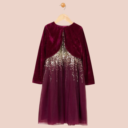 Gold Sequin Purple Dress & Velvet Bolero Cardigan